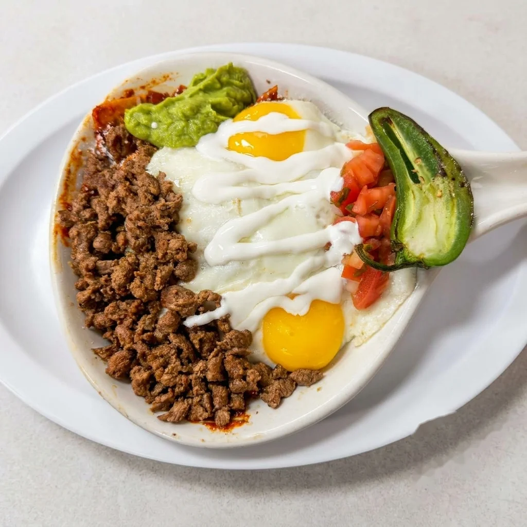 Chilaquiles Carne Asada topped with cotija cheese and a fried egg
