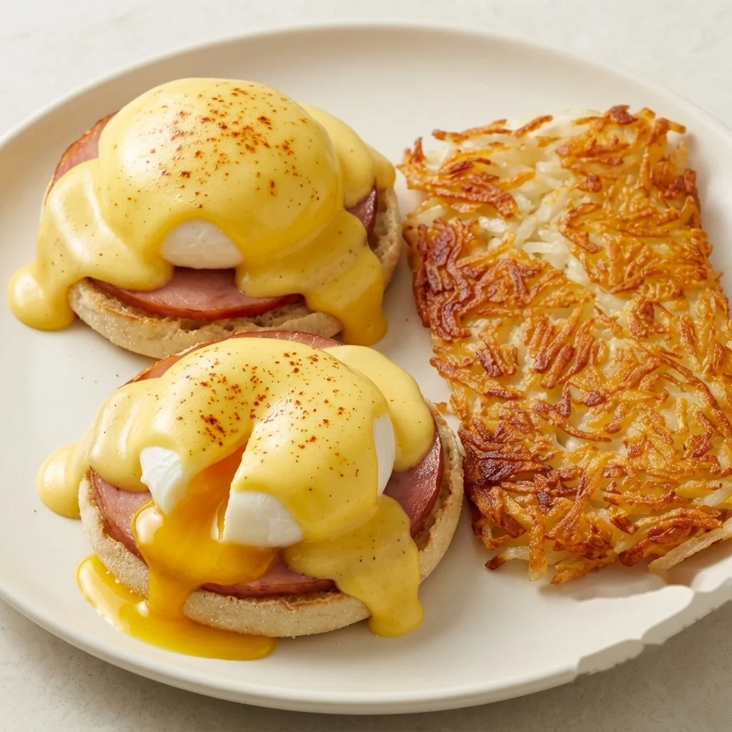 Eggs Benedict with hollandaise sauce and hash browns