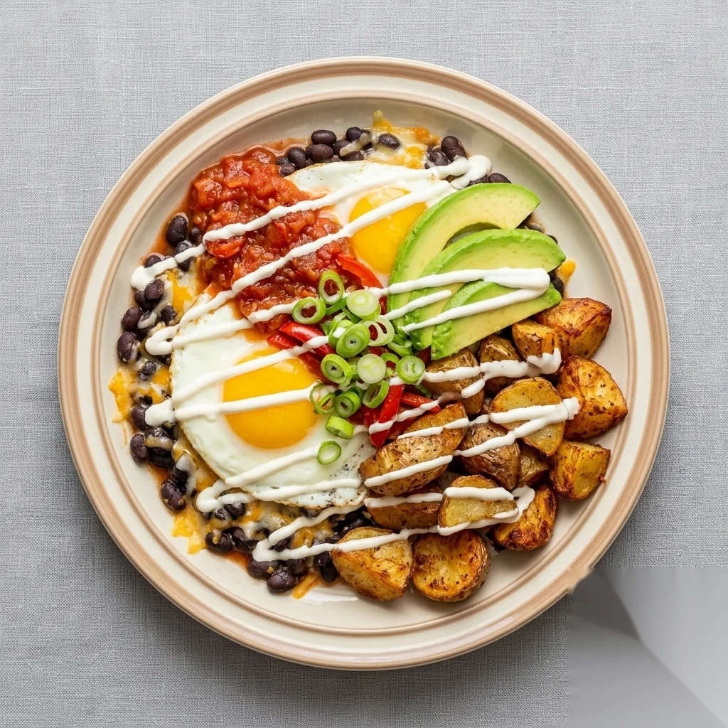 Huevos Rancheros topped with salsa, sour cream, and two eggs